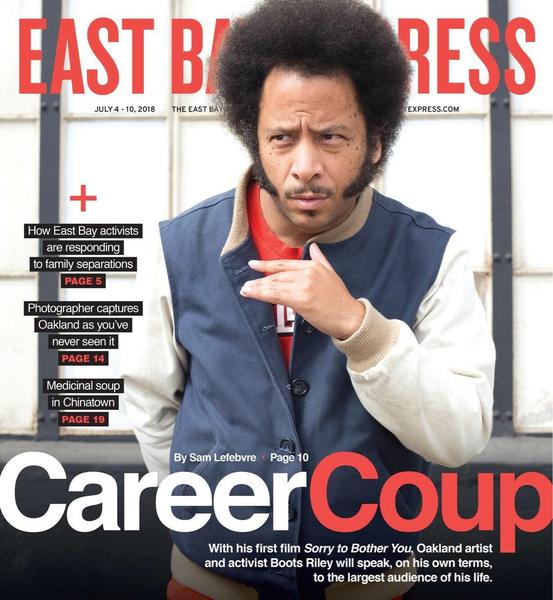 East Bay Express cover featuring Kali Made track Jacket in blue, cream and brown constructions, modeled by the cover model and fan of the brand Boots Riley.